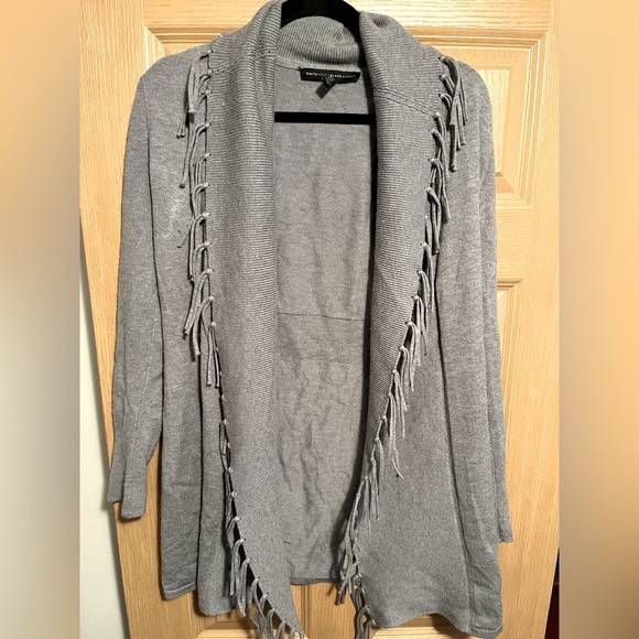 White House Black Market Grey Fringe Long Knit Open Cardigan - Picture 2 of 12
